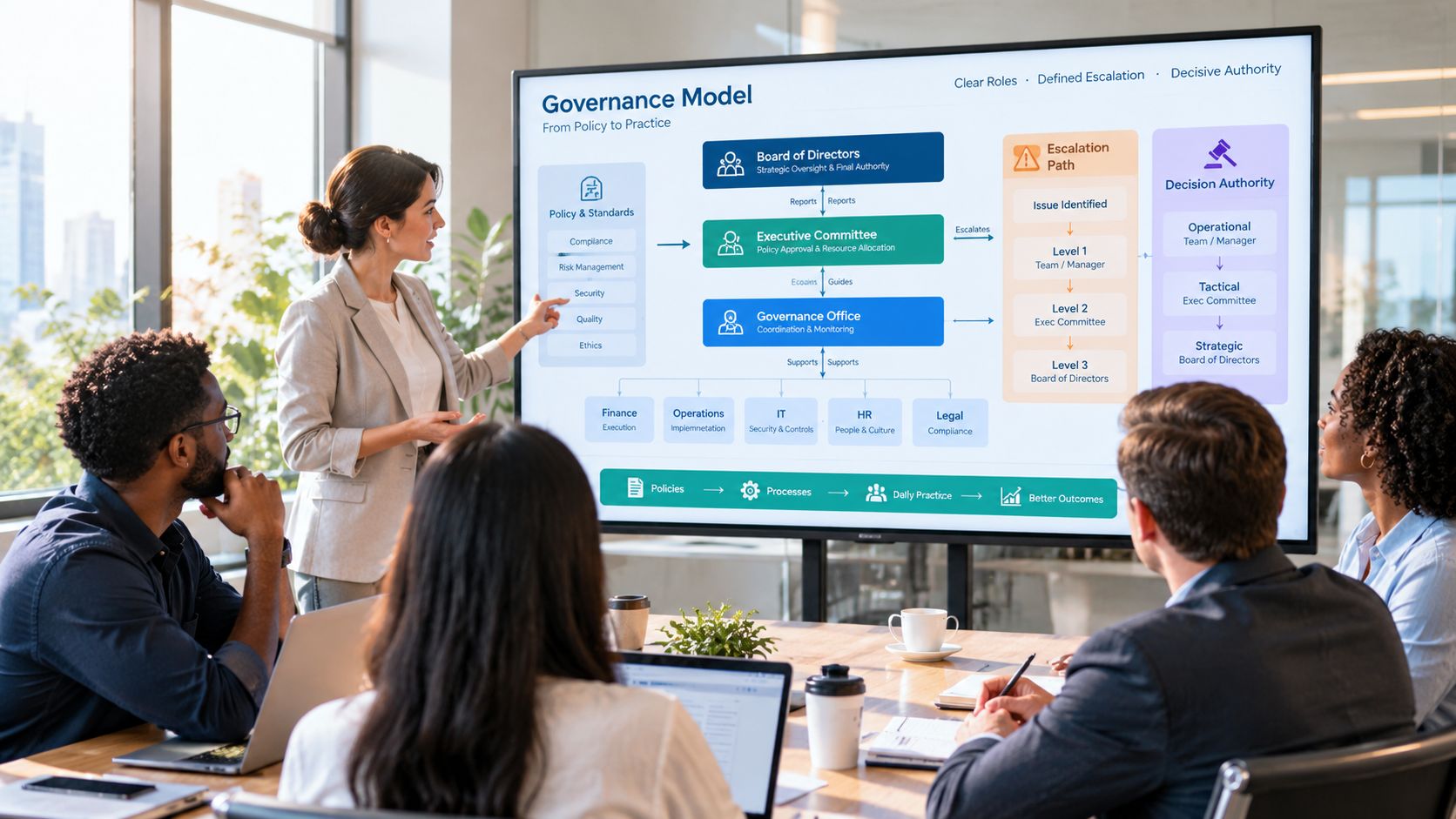 A professional woman presenting a governance model diagram on a large screen to her diverse corporate team.