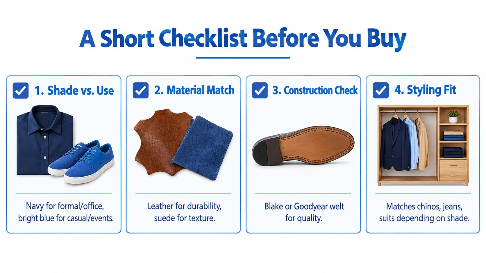 A checklist infographic titled A Short Checklist Before You Buy with tips on selecting blue shoes.