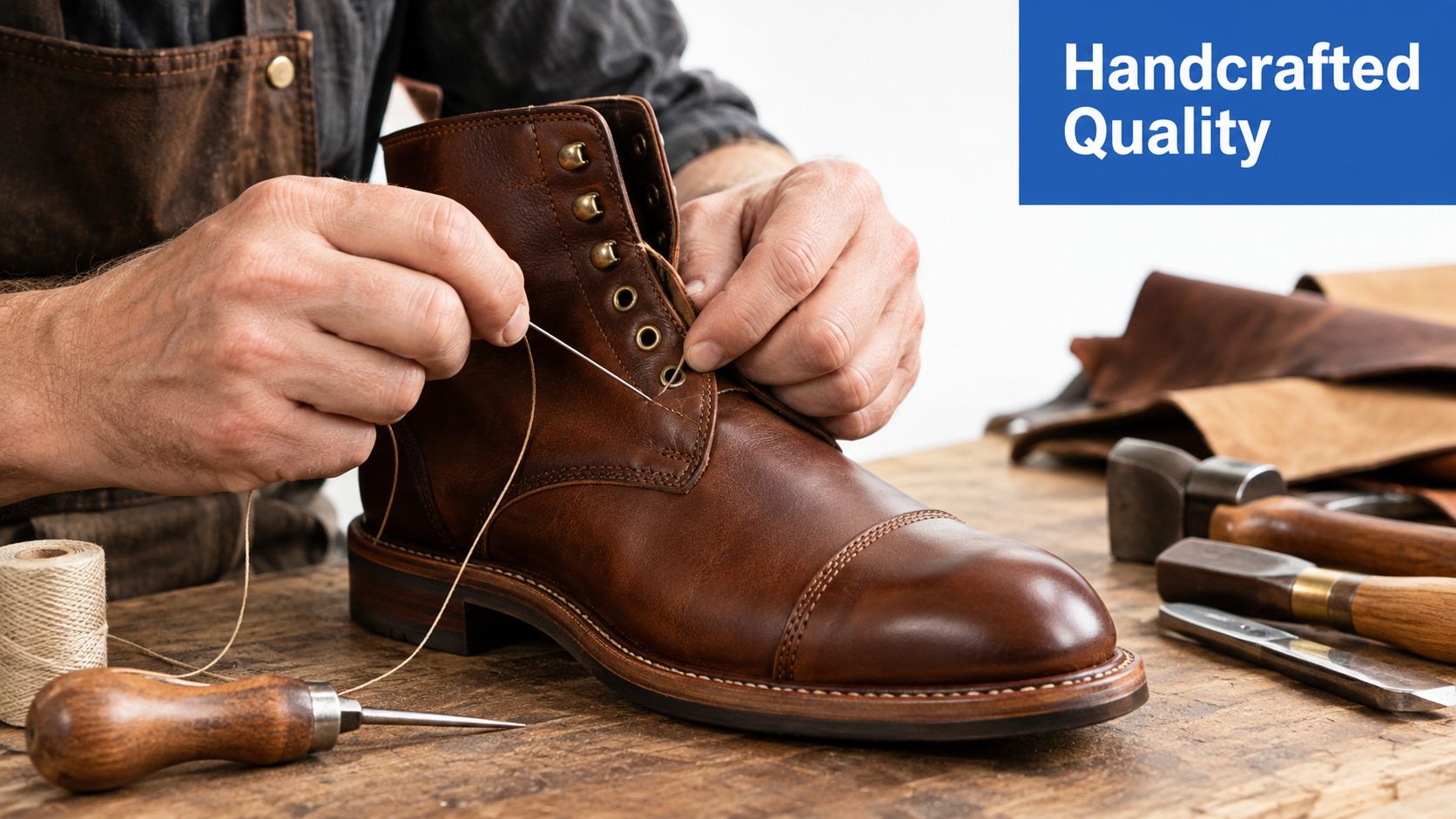 A skilled artisan hand-stitching a high-quality leather boot on a wooden workbench with professional leatherworking tools nearby.