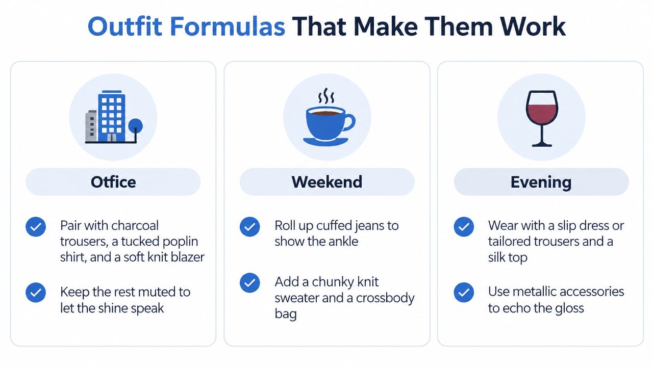 A graphic showing three outfit formulas for office, weekend, and evening settings for styling women's footwear.