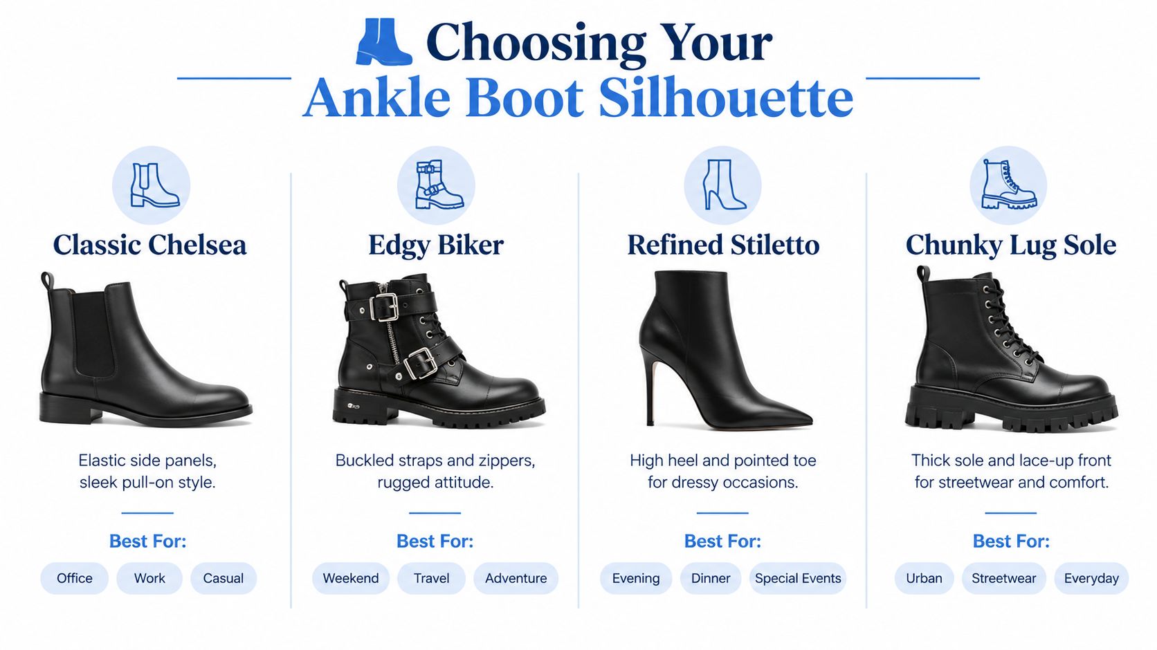 A guide illustrating four types of women's ankle boots including Chelsea, Biker, Stiletto, and Chunky Lug sole.