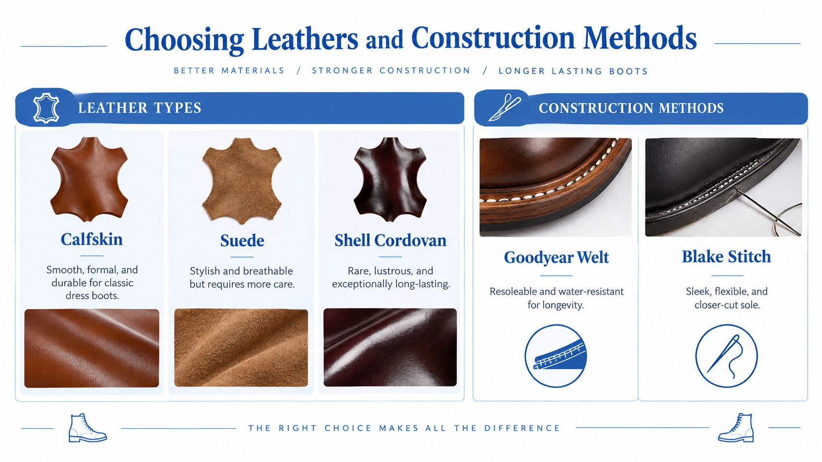 An infographic comparing different leather types like calfskin, suede, shell cordovan and shoe construction methods like Goodyear welt.
