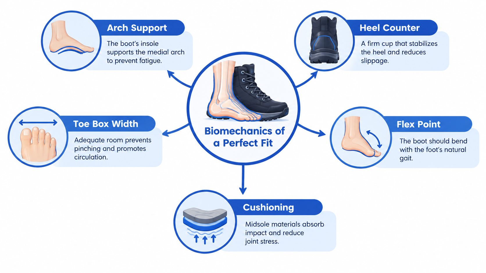 An infographic showing the five key biomechanical features of a comfortable, well-fitting ankle boot for foot health.