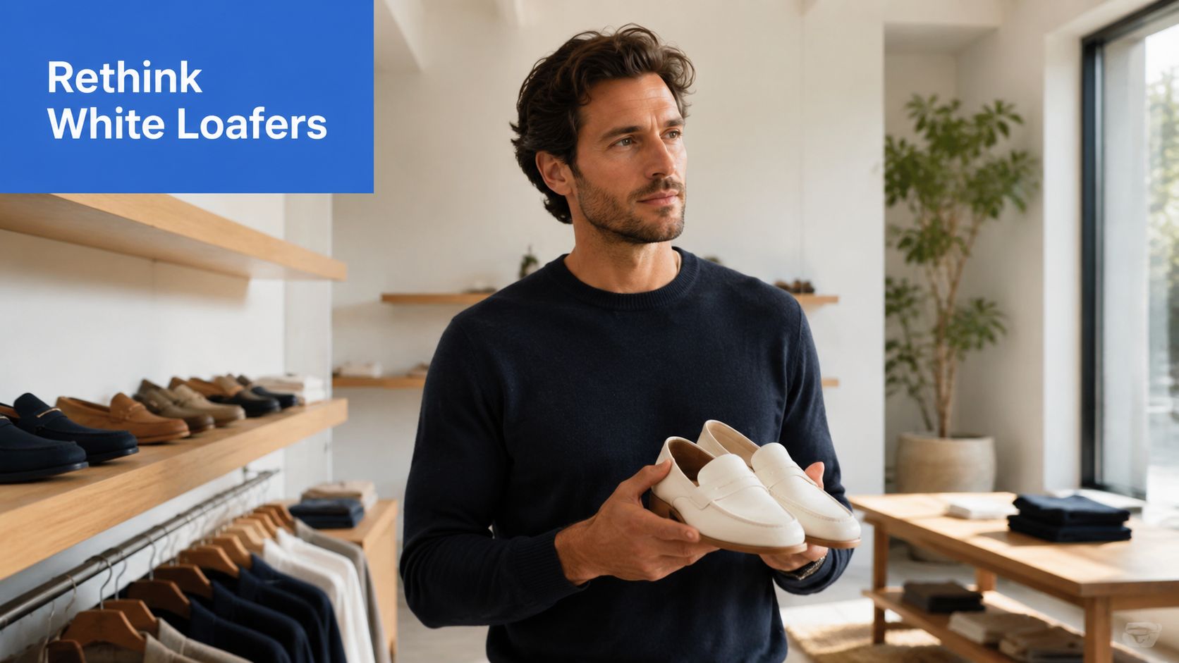 A man in a navy sweater holding a pair of white leather loafers inside a retail store.
