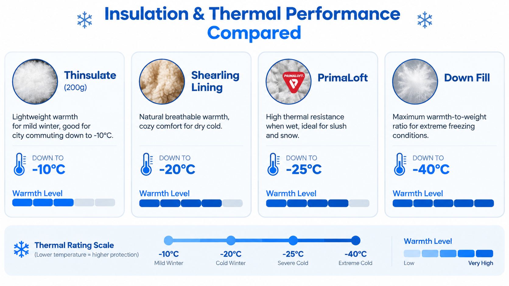 A comparison chart showing insulation and thermal performance for winter footwear, ranging from Thinsulate to Down Fill.