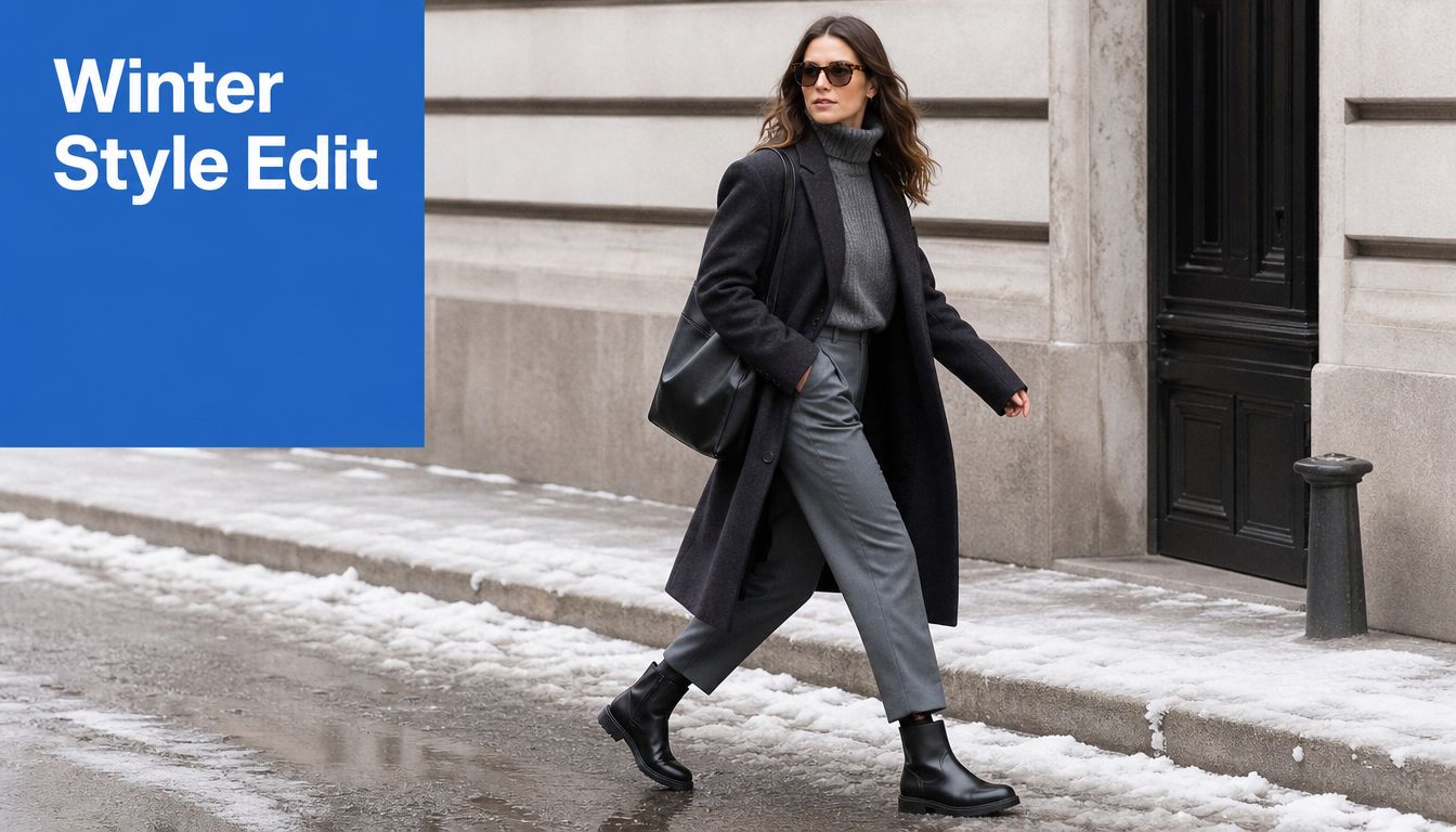 A woman wearing a charcoal wool coat, grey turtleneck, tailored pants, and black leather boots walking outdoors.