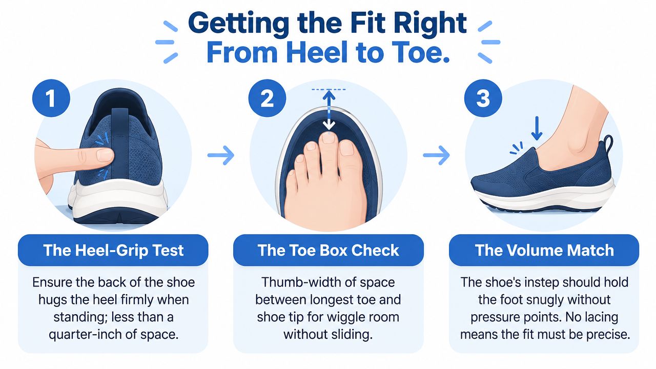 An instructional graphic showing three steps to ensure a proper shoe fit for comfort and performance.