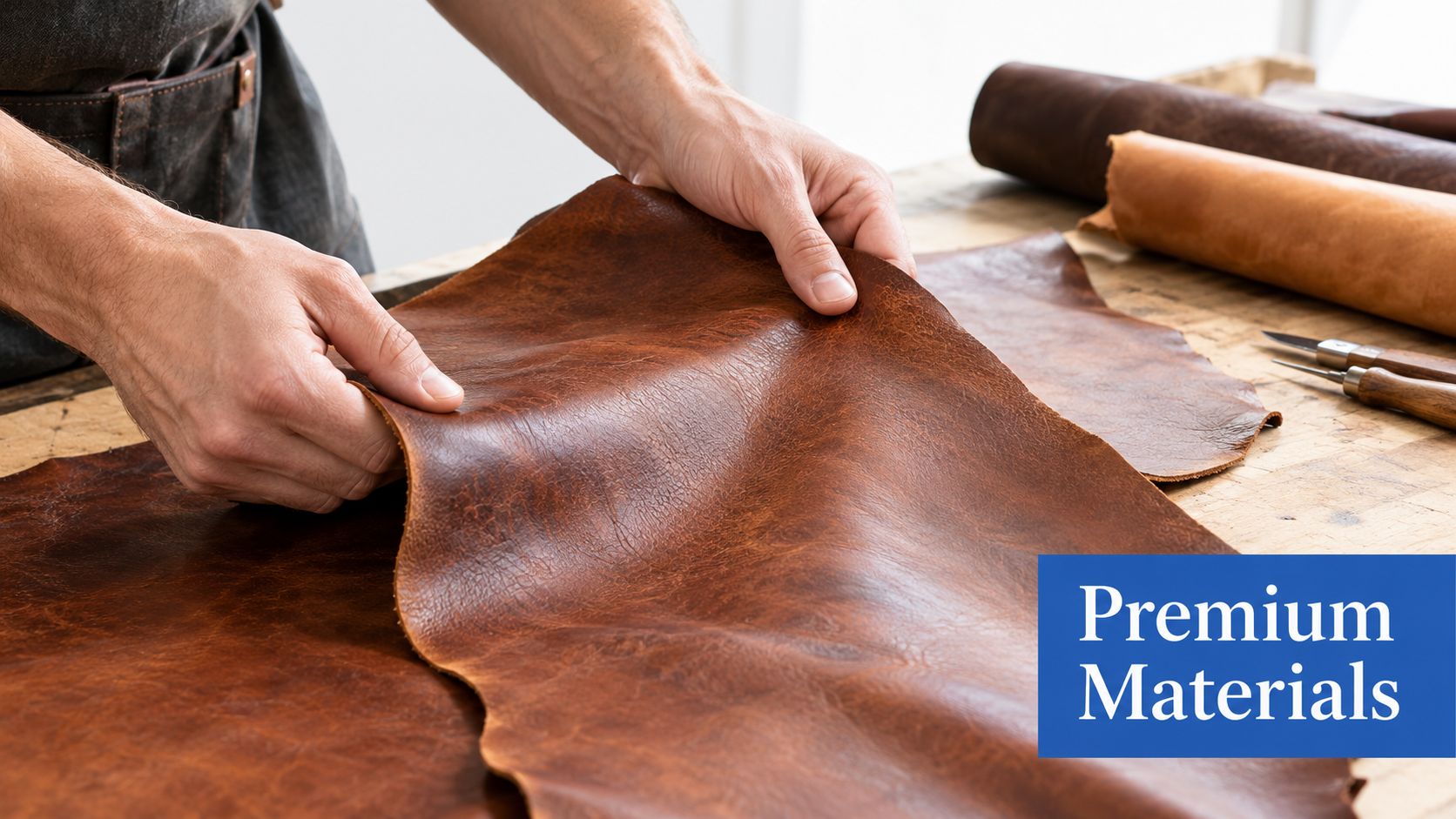 A close-up of an artisan's hands working with high-quality brown leather on a rustic workshop table.