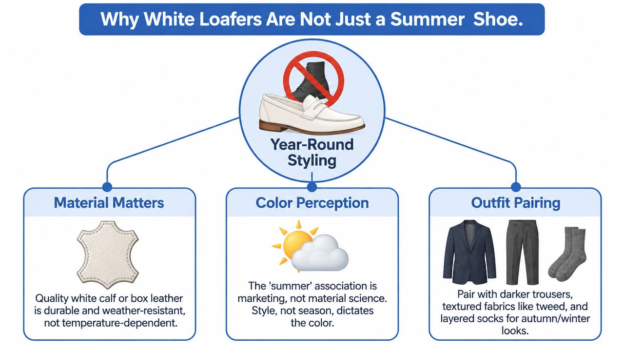 An infographic illustrating why white leather loafers are suitable for year-round styling rather than just summer.