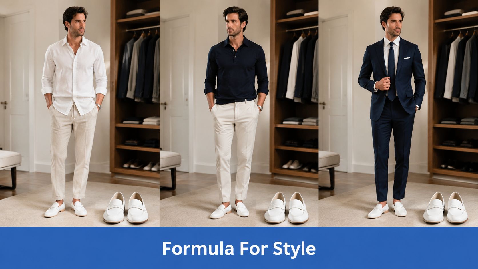 A collage showing a stylish man modeling three different outfits paired with white leather loafers.
