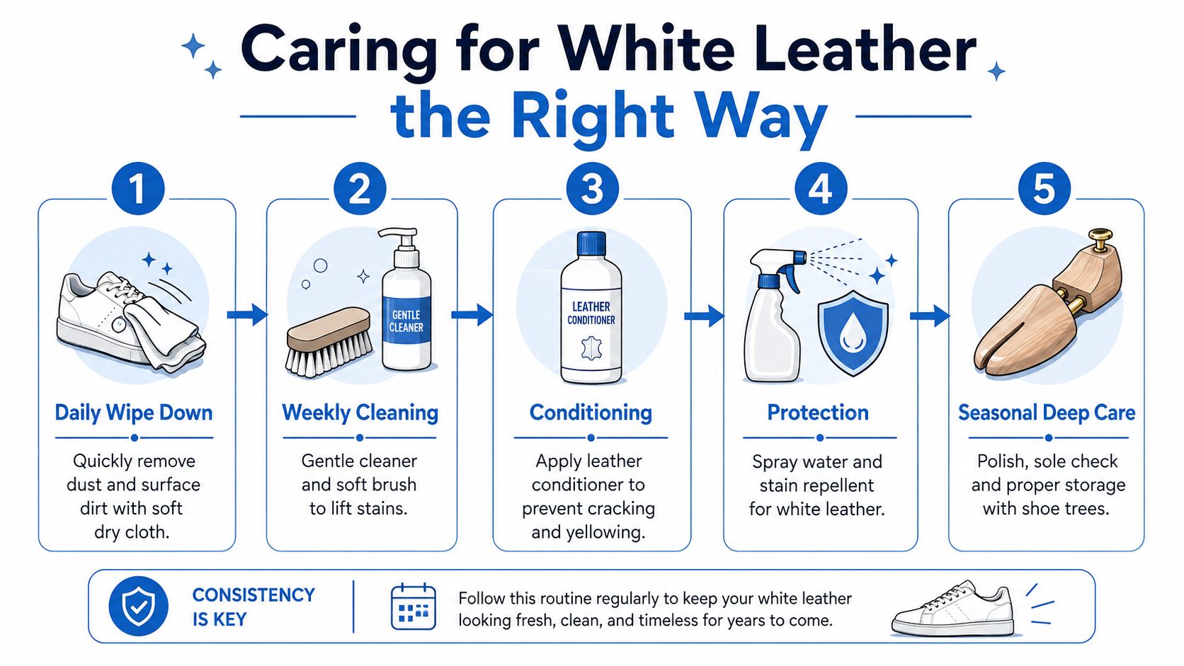 A five-step infographic guide explaining the best practices for cleaning and maintaining white leather shoes.