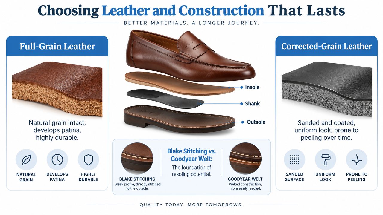 A diagram illustrating the differences between full-grain and corrected-grain leather, plus shoe construction methods and parts.