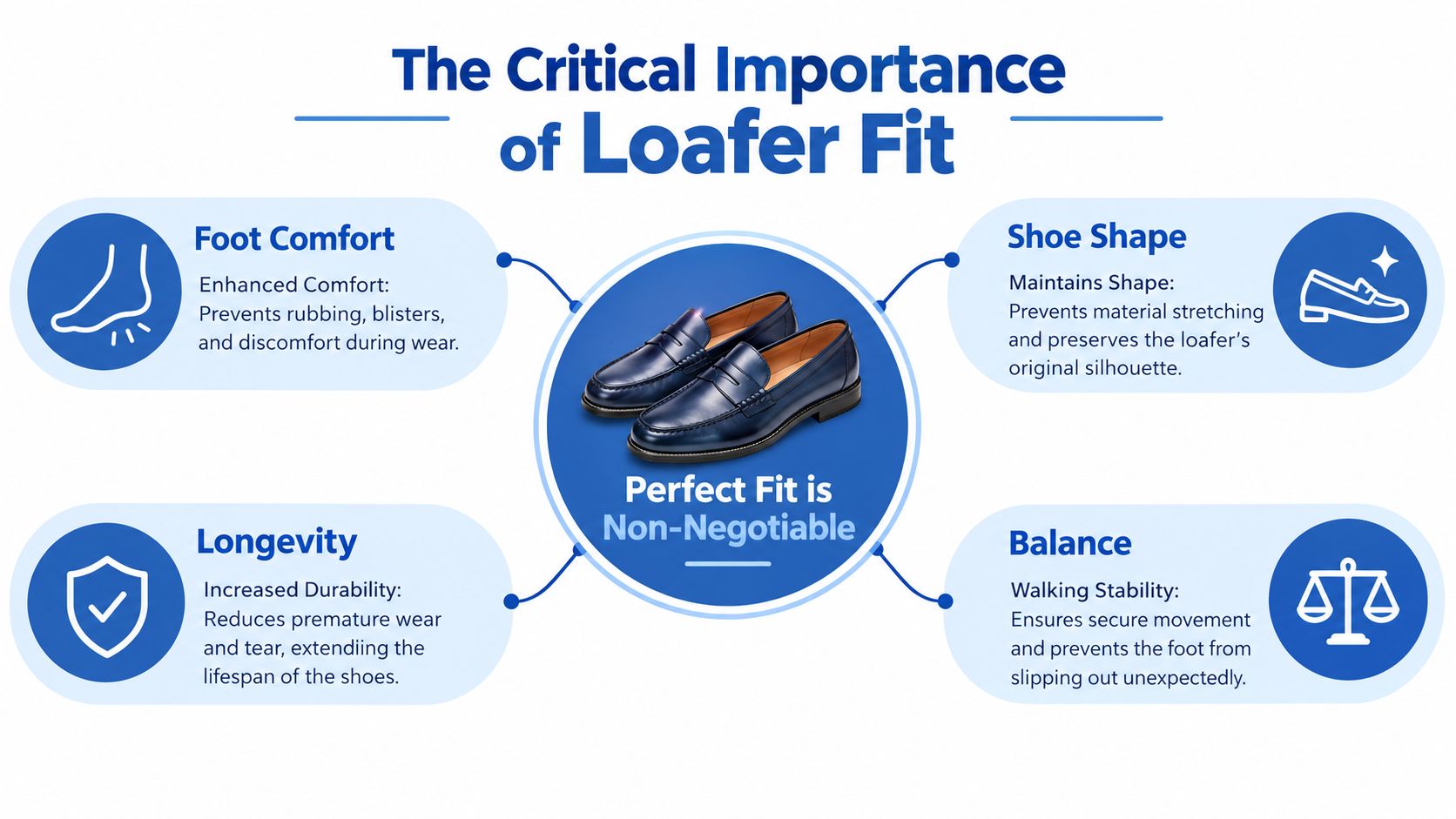An infographic highlighting the importance of proper loafer fit for comfort, shoe shape, longevity, and walking balance.