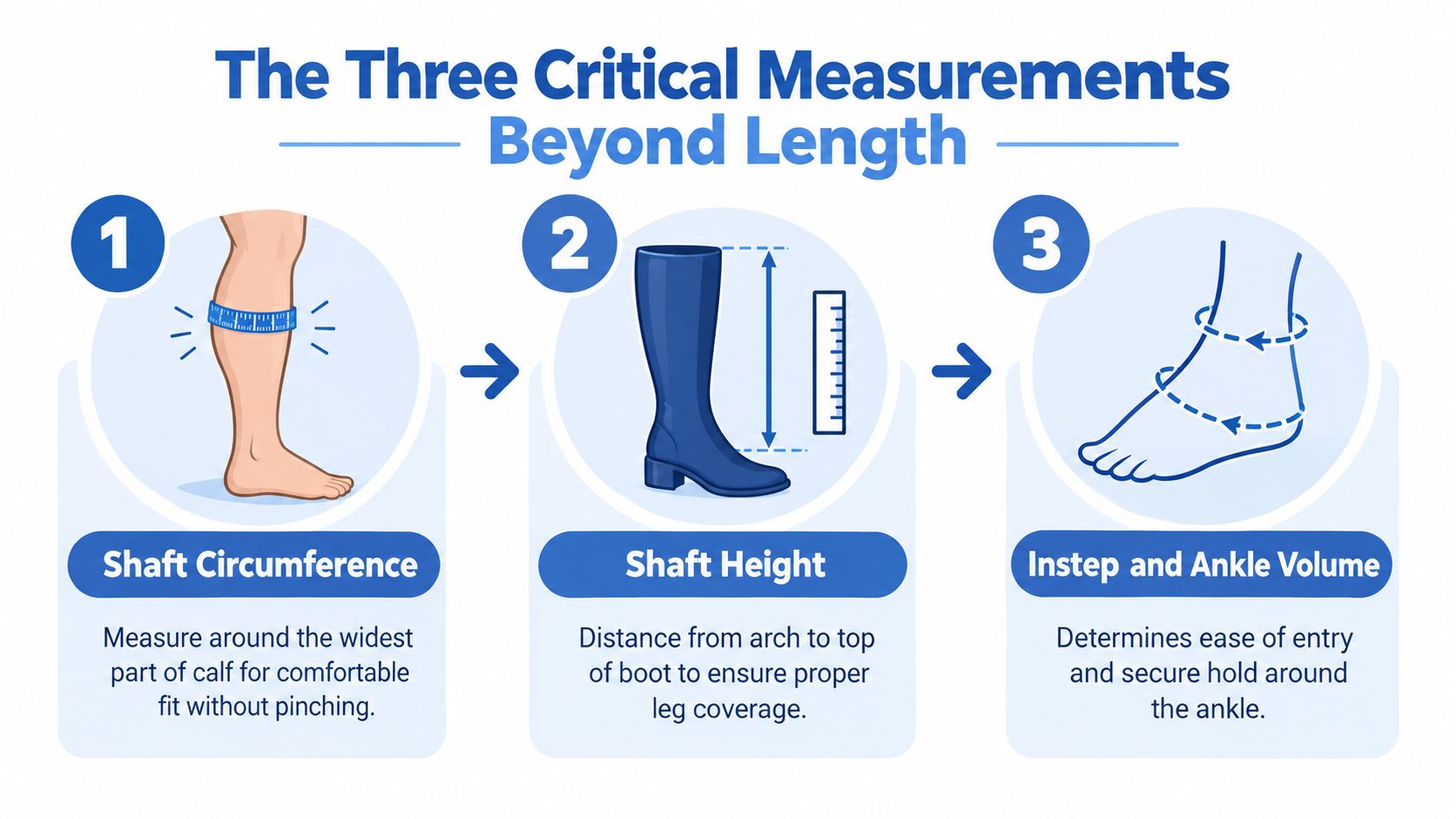 A diagram illustrating three key boot measurements: calf circumference, shaft height, and instep and ankle volume.