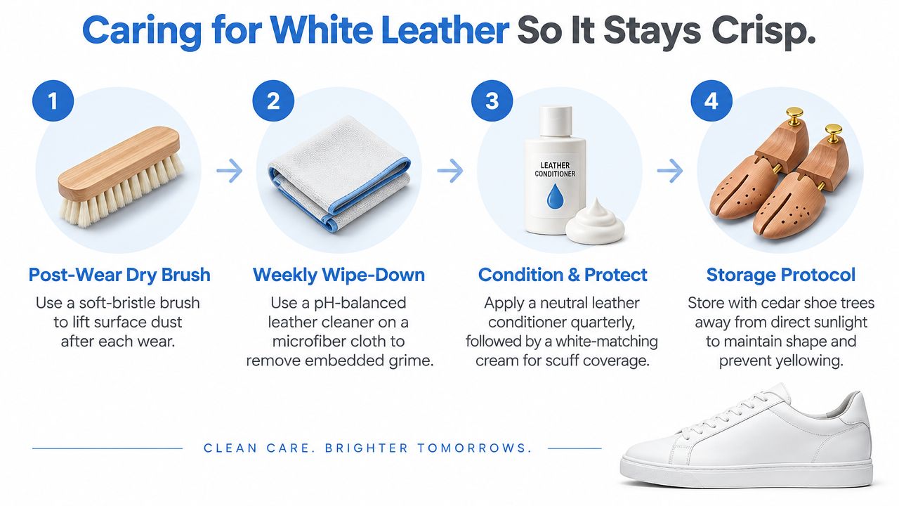 A four-step instructional infographic showing how to clean and maintain men's white leather sneakers for longevity.