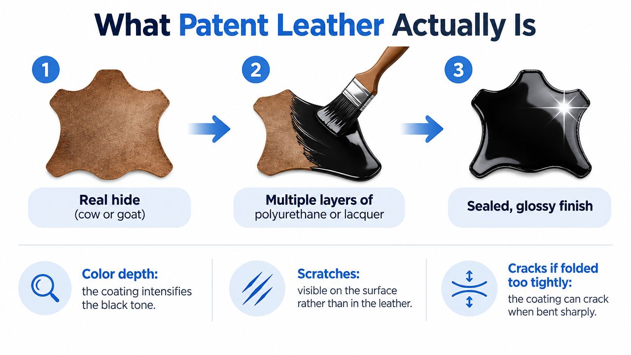 An infographic showing the three-step manufacturing process of creating glossy patent leather from real animal hide.