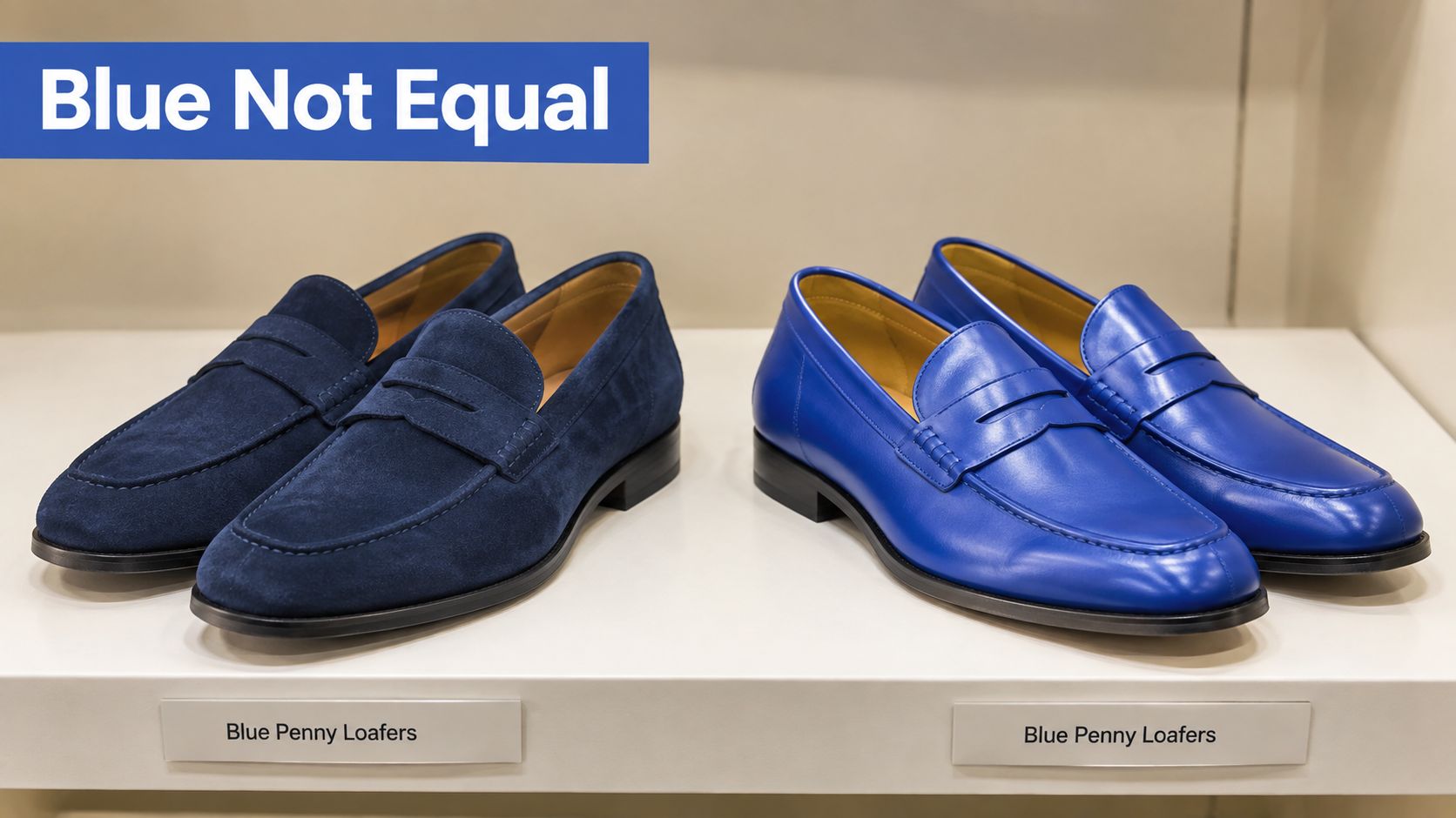 Two pairs of men's blue penny loafers, one suede and one leather, displayed on a shelf.