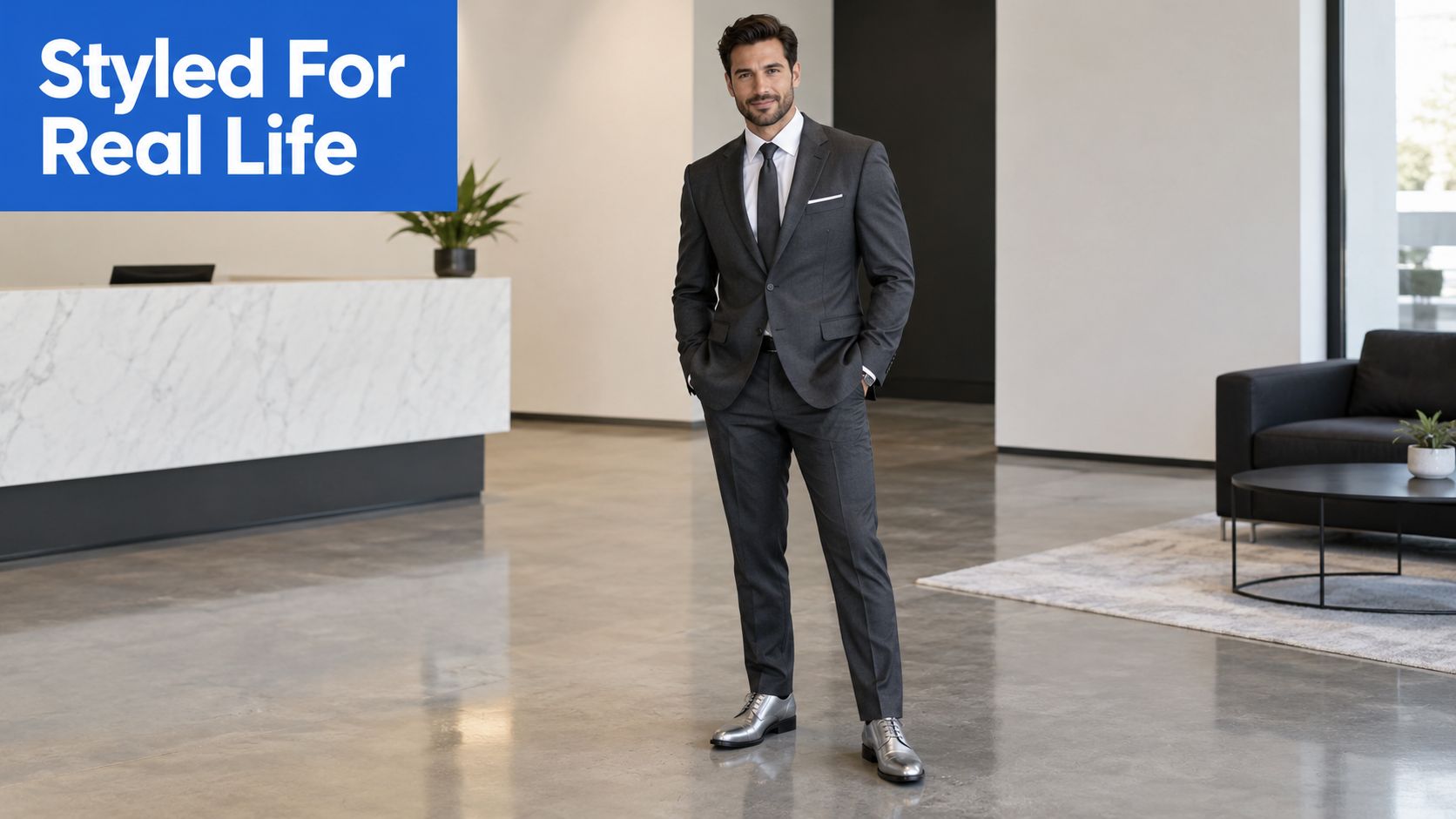 A professional man standing in a modern office wearing a dark suit and stylish silver dress shoes.
