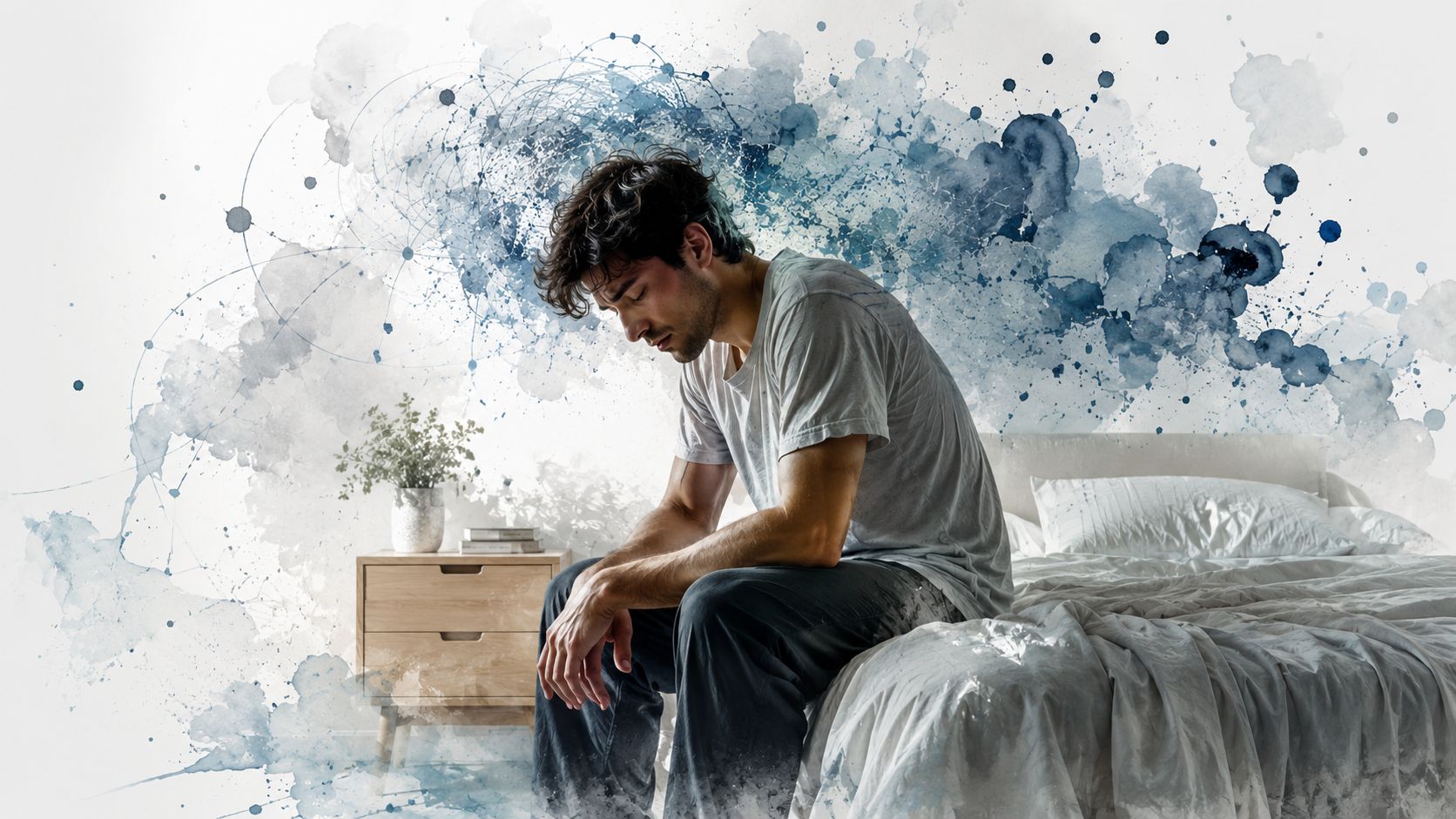 A man sits on his bed looking sad and pensive with abstract blue watercolor clouds in background.