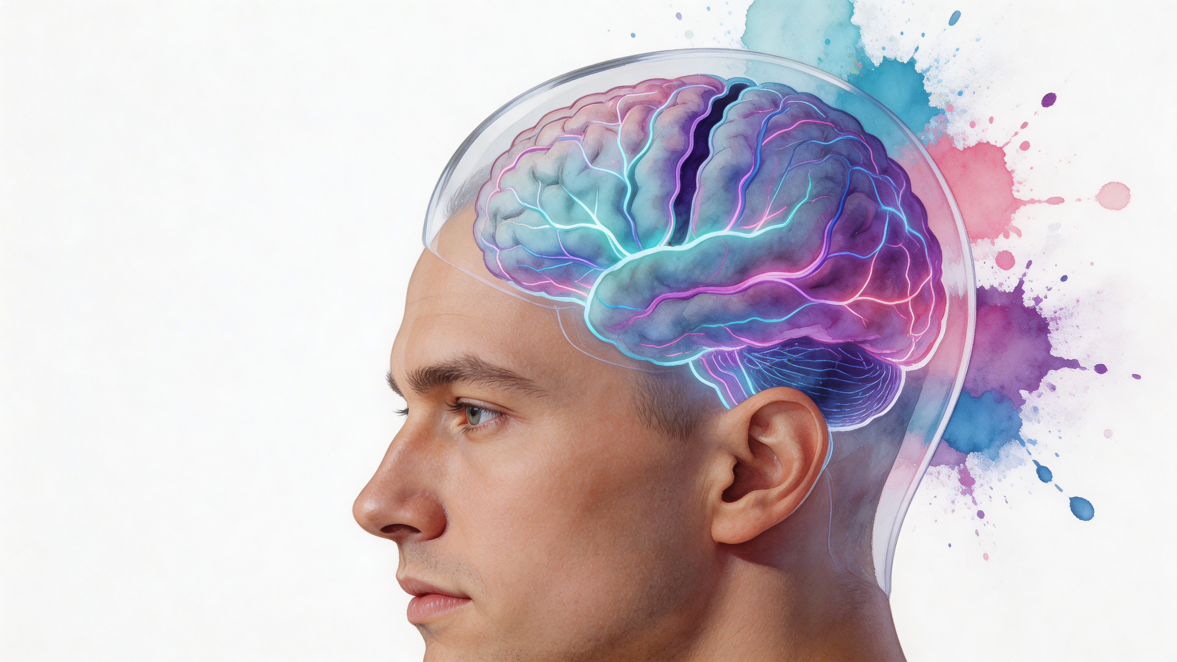 A profile view of a man with a transparent skull revealing a vibrant, glowing digital human brain.