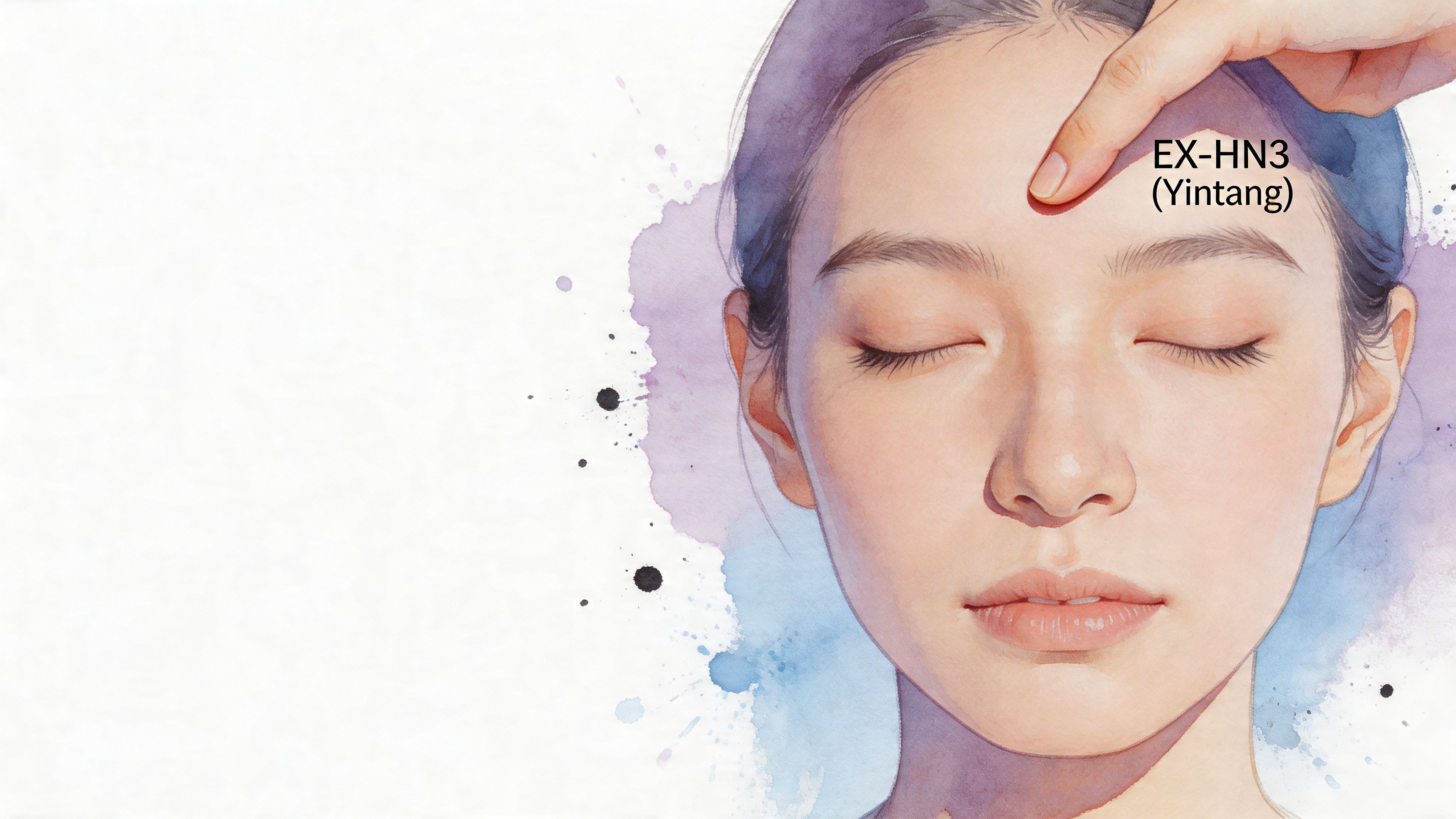 A gentle finger presses the Yintang acupuncture point between the eyebrows of a serene, watercolor-painted female face.