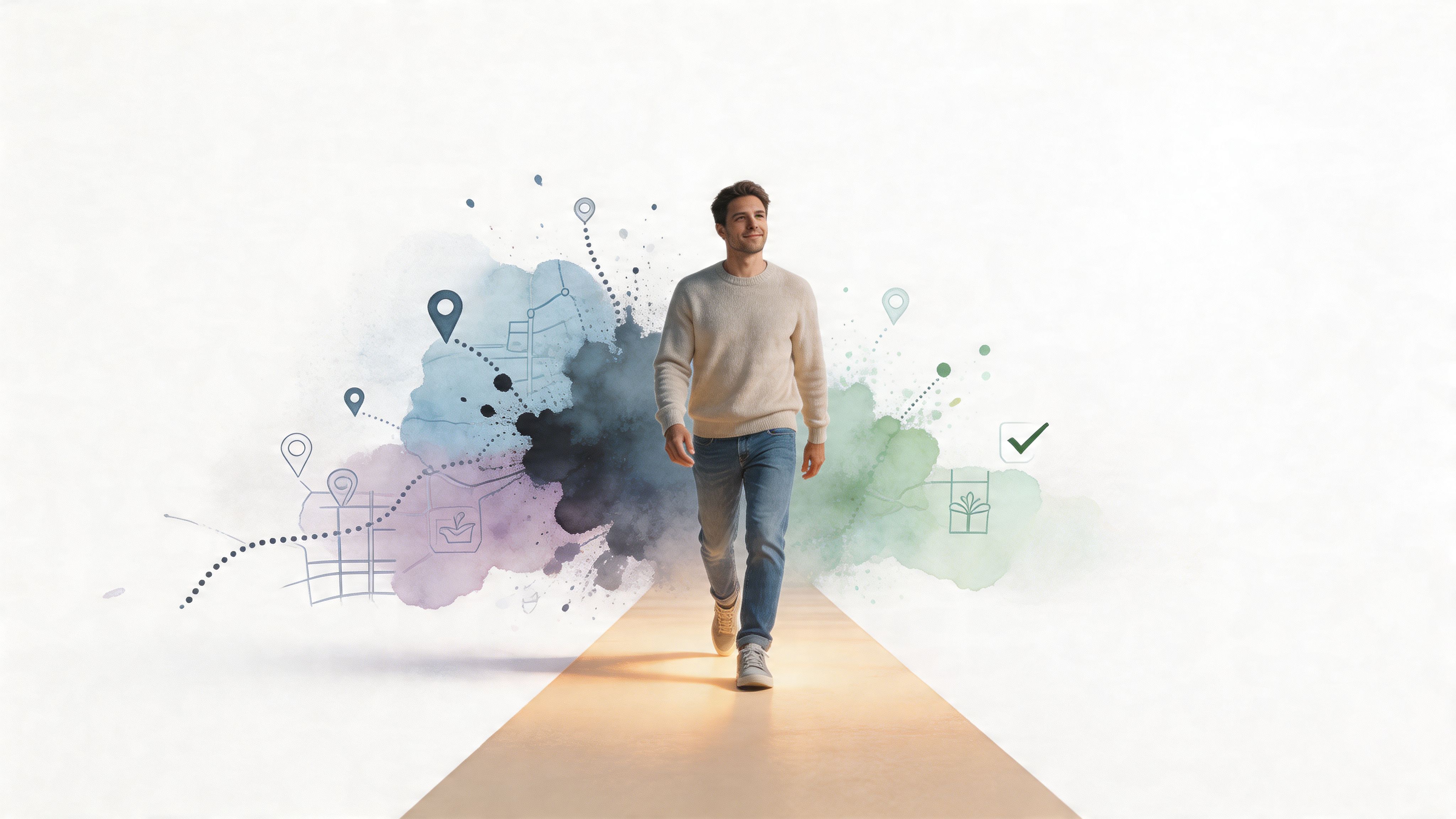 A man walking forward on a path with abstract map elements and icons representing travel and planning.