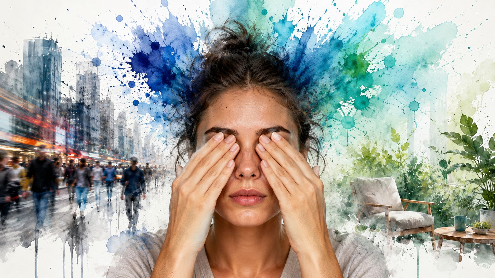 A person covering their eyes, depicting the contrast between a chaotic city and a peaceful home.