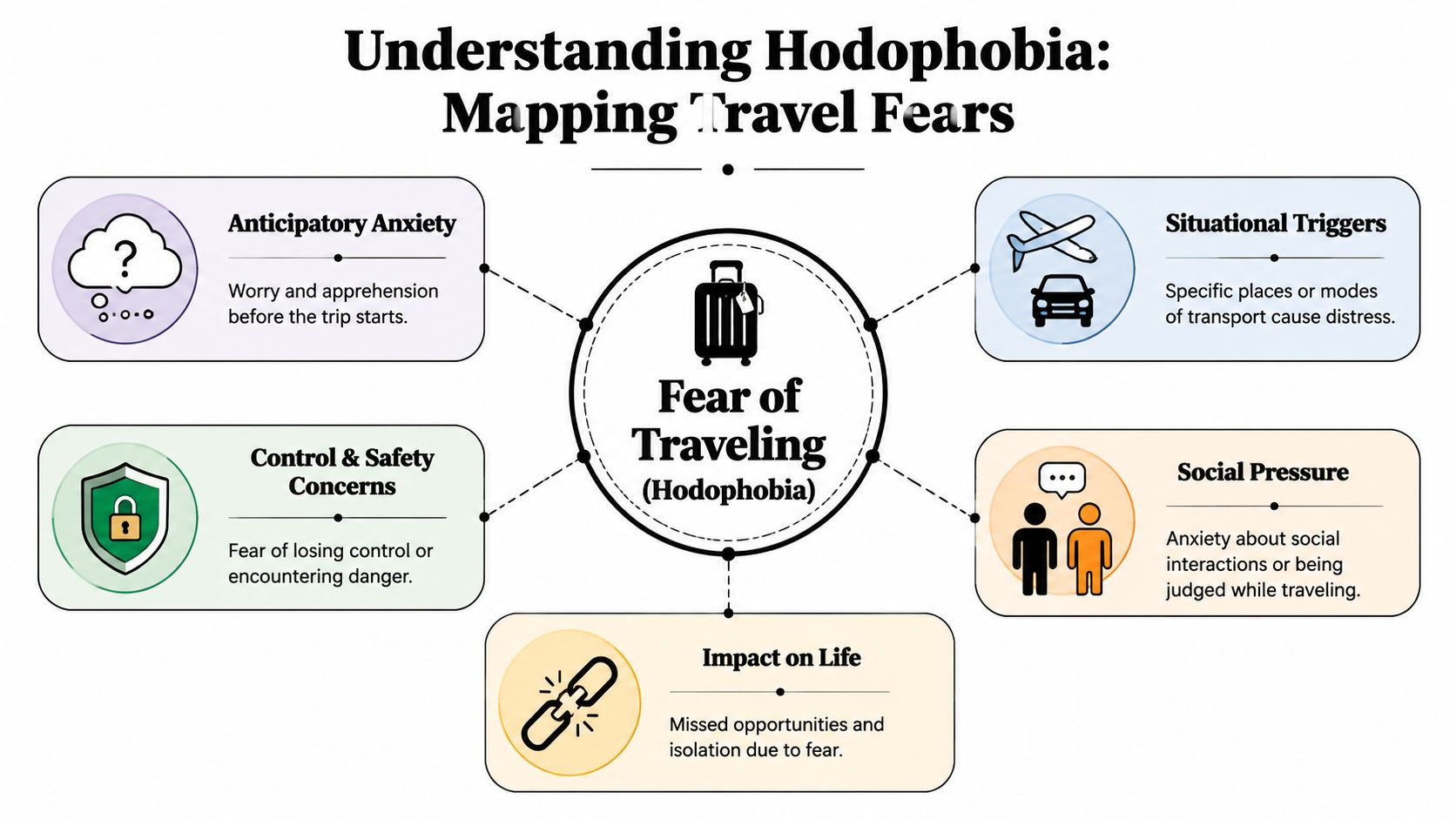 An infographic titled Understanding Hodophobia illustrating five key factors associated with the fear of traveling.