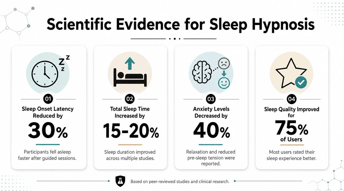 An infographic summarizing scientific benefits of sleep hypnosis including improved sleep latency, duration, anxiety, and sleep quality.