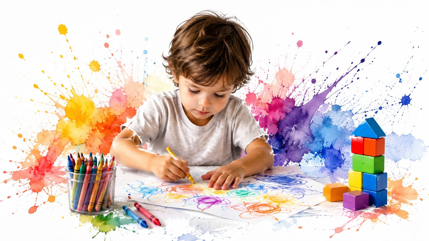 A young boy drawing with colorful crayons on a piece of paper, surrounded by artistic watercolor splashes.