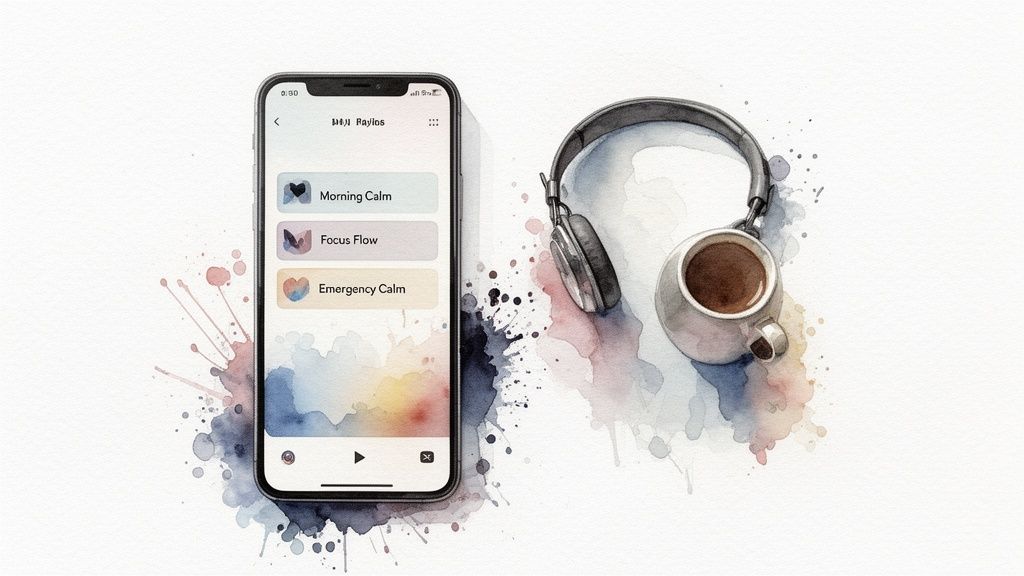Watercolor painting of a smartphone showing a meditation app, headphones, and a cup of coffee.
