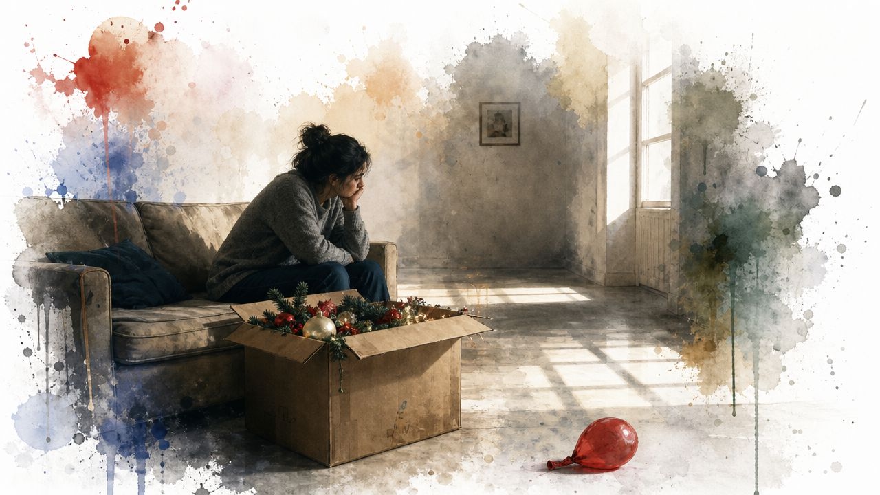 A lonely woman sits on a sofa next to a box of holiday decorations in a room.