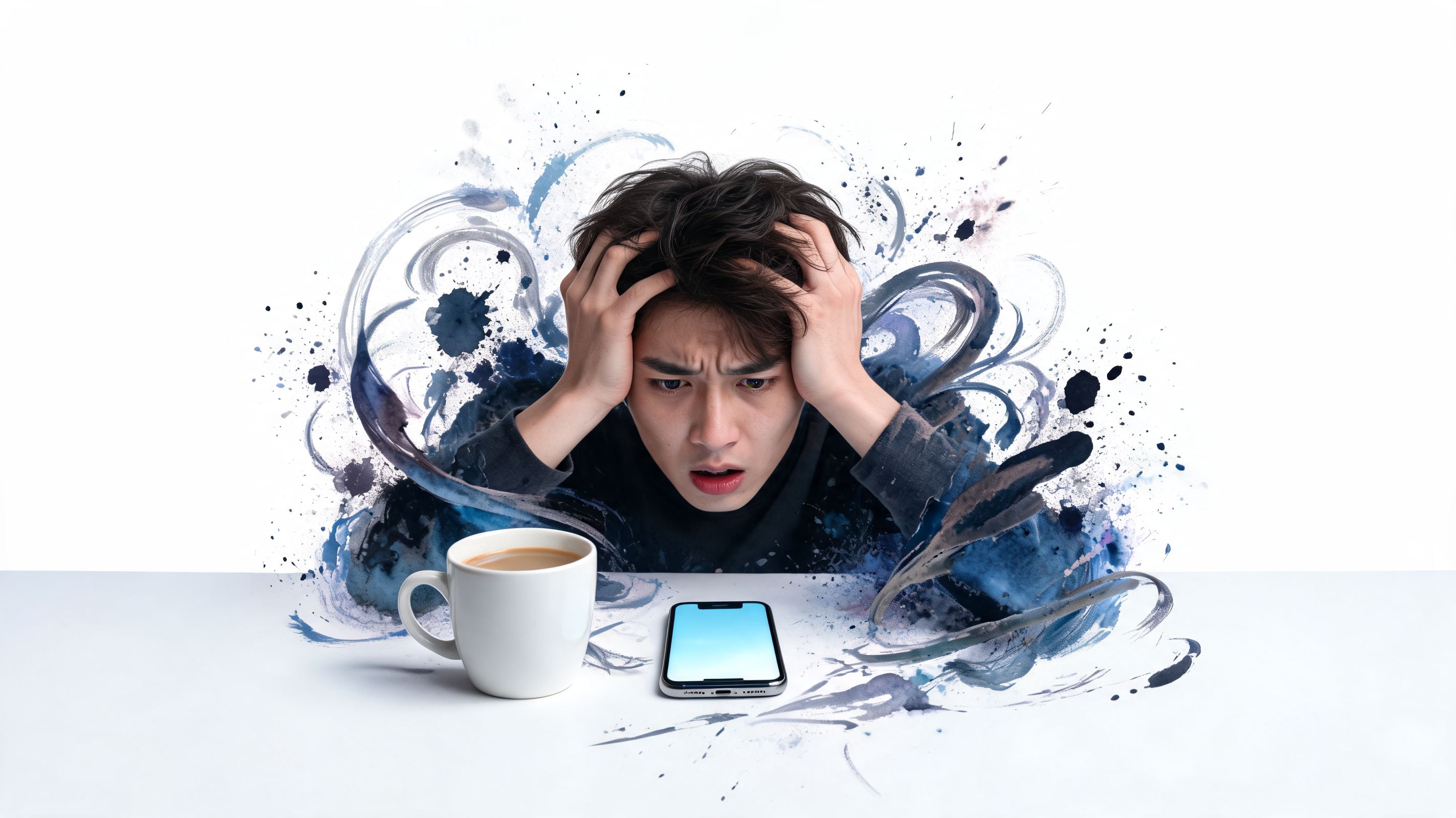 A distressed young man clutching his head while looking at a smartphone on a desk.