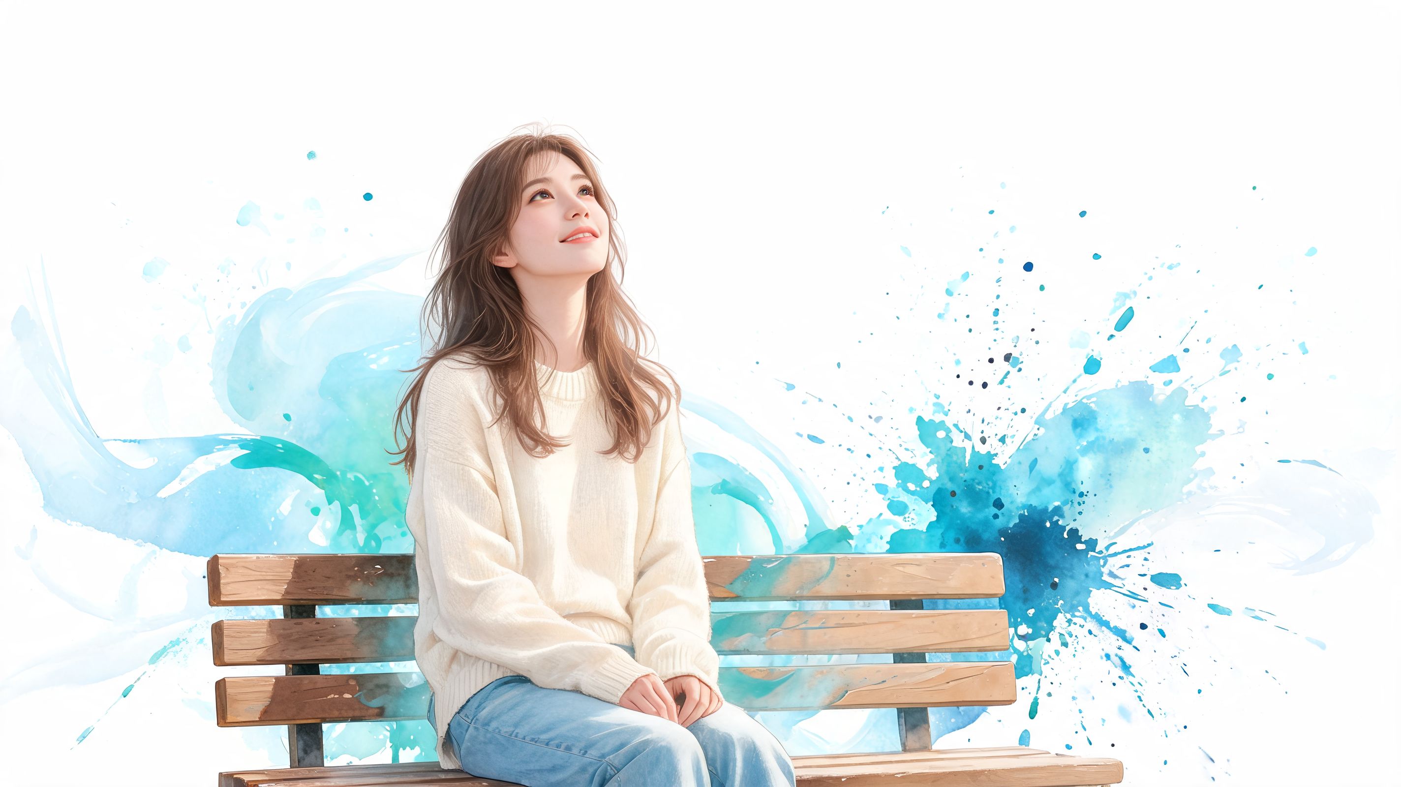 A young woman sitting on a wooden bench, looking up peacefully against a blue watercolor background.
