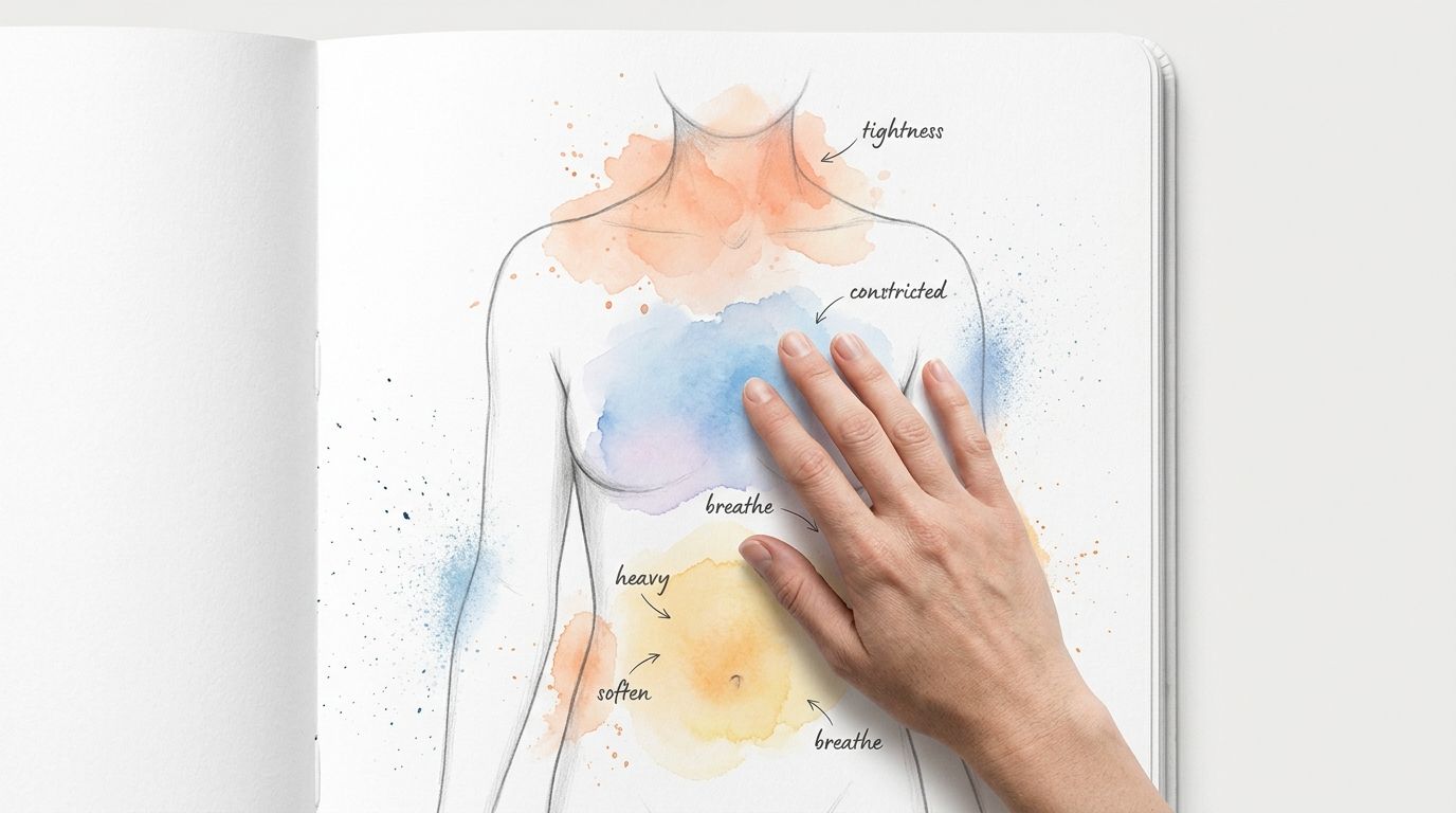 A hand touches a watercolor drawing in a journal illustrating body-focused emotional sensations and breathing awareness.