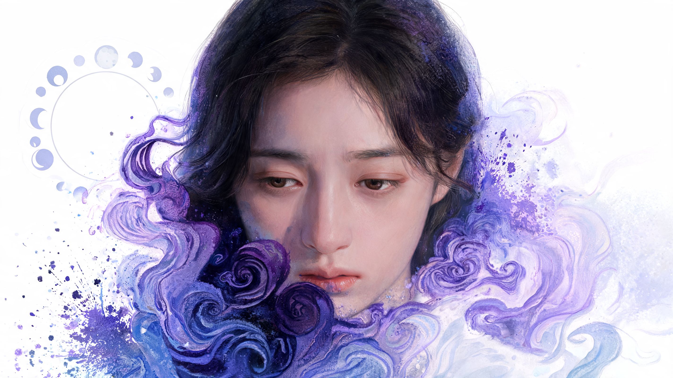 A digital painting of a woman's face surrounded by abstract purple swirls and moon phase symbols.
