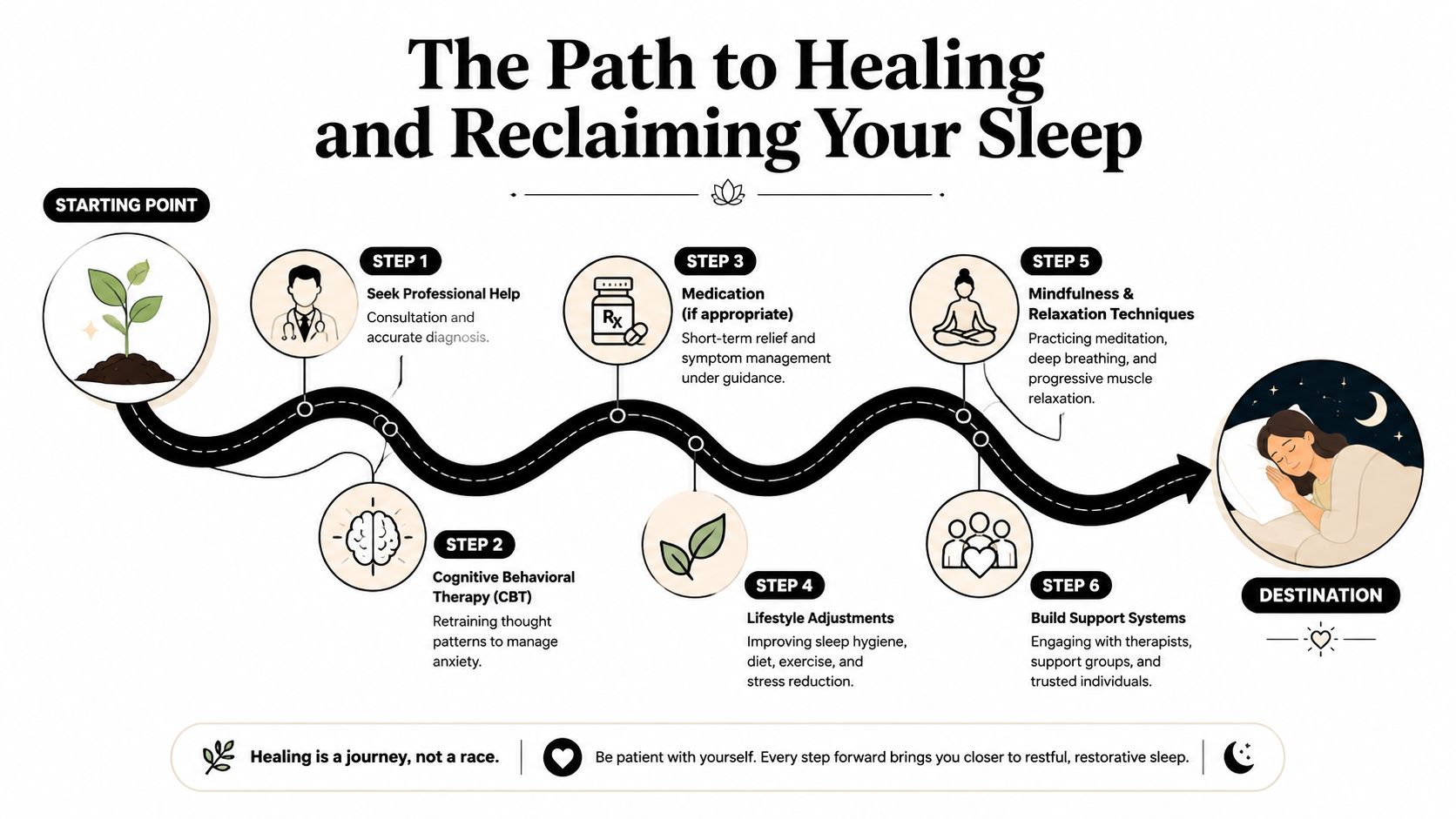 An infographic showing a six-step path for healing and overcoming nocturnal panic attacks to regain sleep.