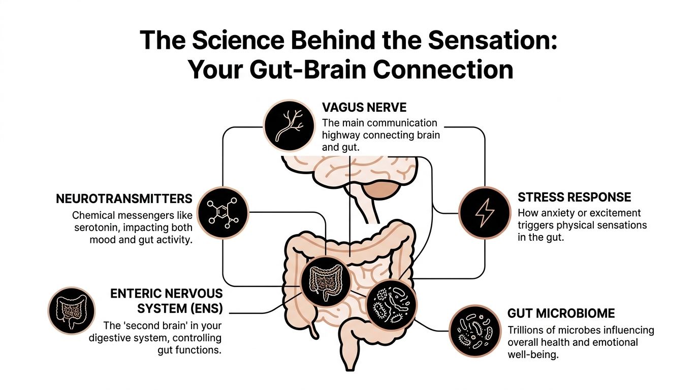 An infographic showing the gut-brain connection, highlighting the vagus nerve, enteric nervous system, and gut microbiome.
