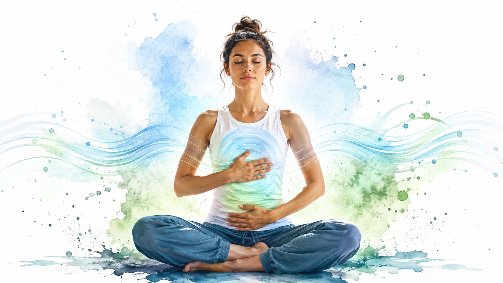 A woman with her eyes closed practicing mindful breathing and meditation in a peaceful sitting pose.
