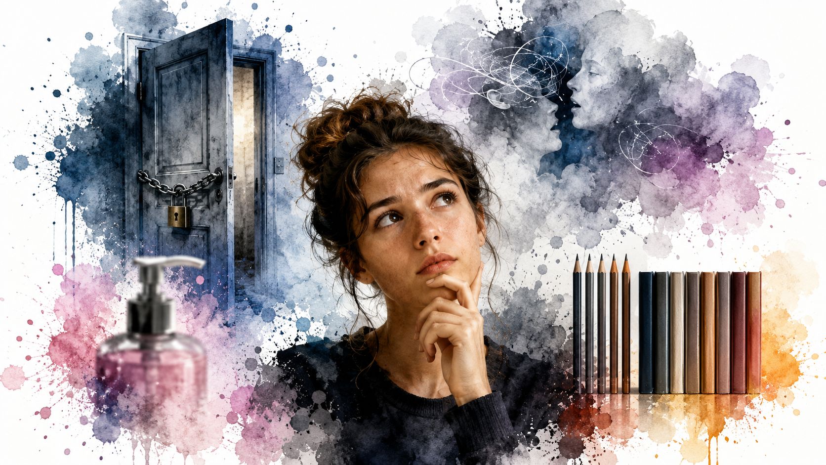 A woman contemplating with a locked door, soap, and art supplies in a conceptual artistic illustration.