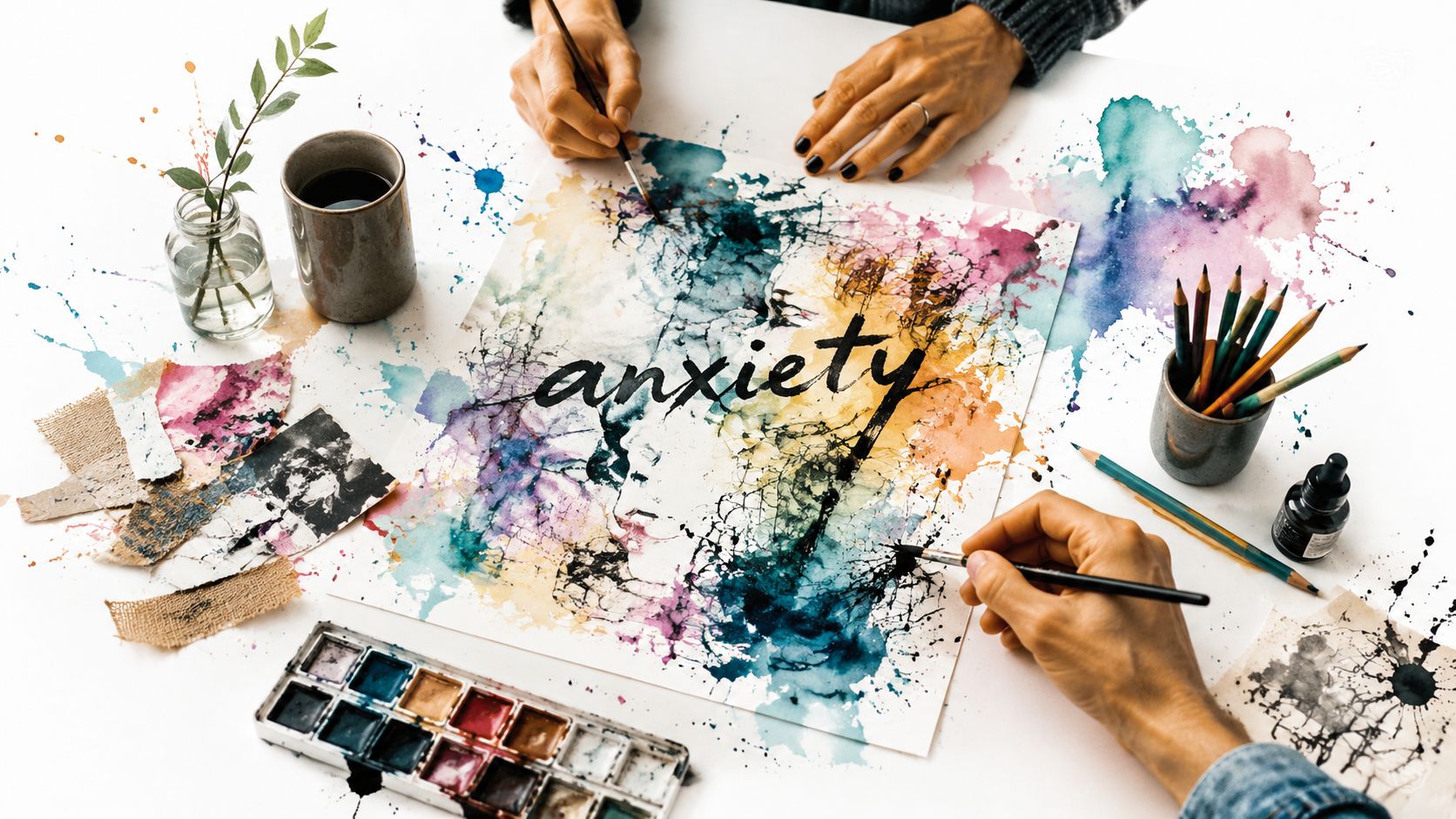 Two people working on a watercolor painting featuring the word anxiety in a messy art studio workspace.