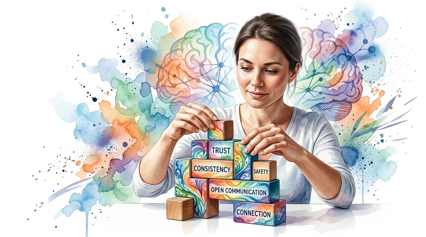 A woman carefully stacking colorful blocks labeled trust, consistency, safety, open communication, and connection, against watercolor brain illustrations.