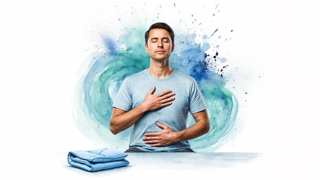 A man practices deep breathing with closed eyes, hands on chest and stomach, against a blue watercolor background.