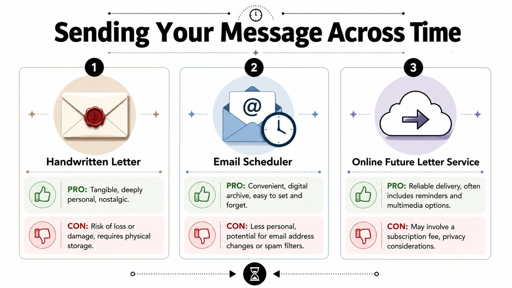 A comparison chart outlining the pros and cons of three ways to send messages across time.