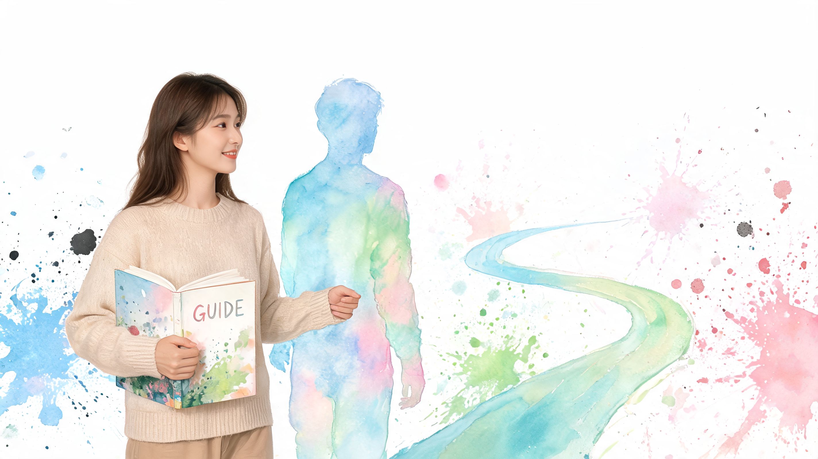 A young woman holding a guide book, looking toward a watercolor silhouette of a person on a path.