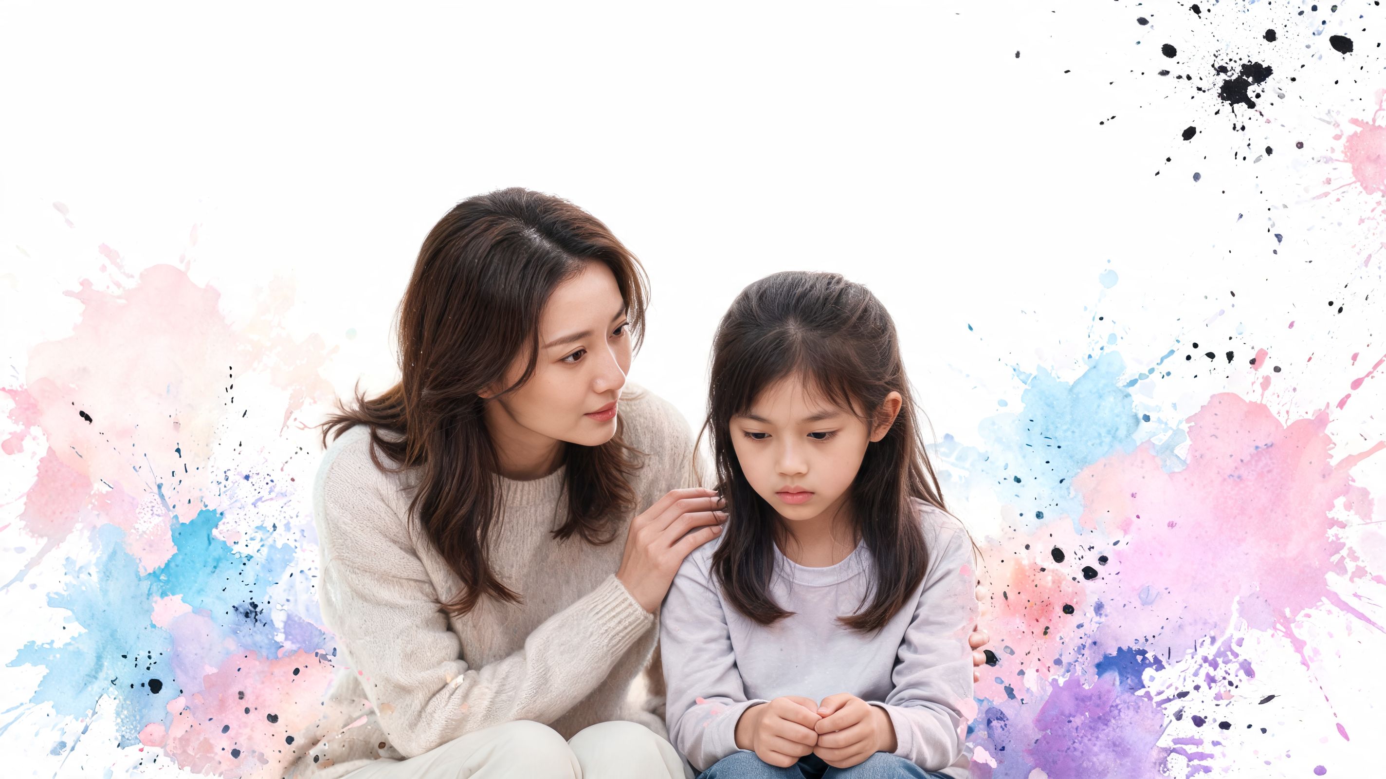 A concerned mother providing emotional support and comfort to her sad young daughter at home.