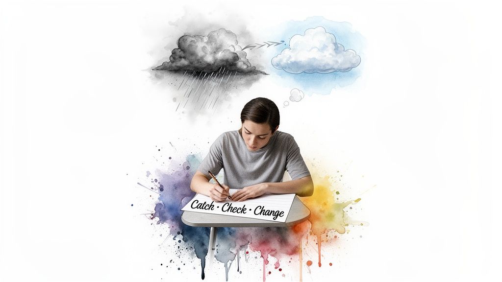Person writing 'Catch Check Change' while a stormy cloud transforms into a clear one.