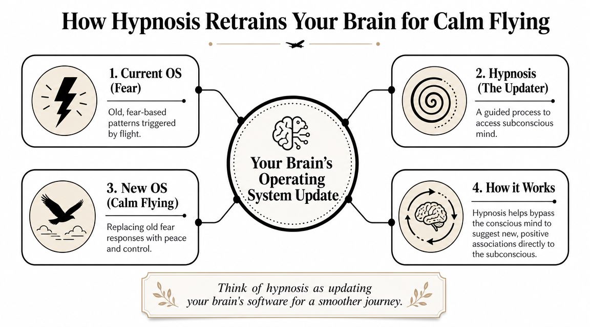 An infographic titled How Hypnosis Retrains Your Brain for Calm Flying, illustrating a four-step mental update process.