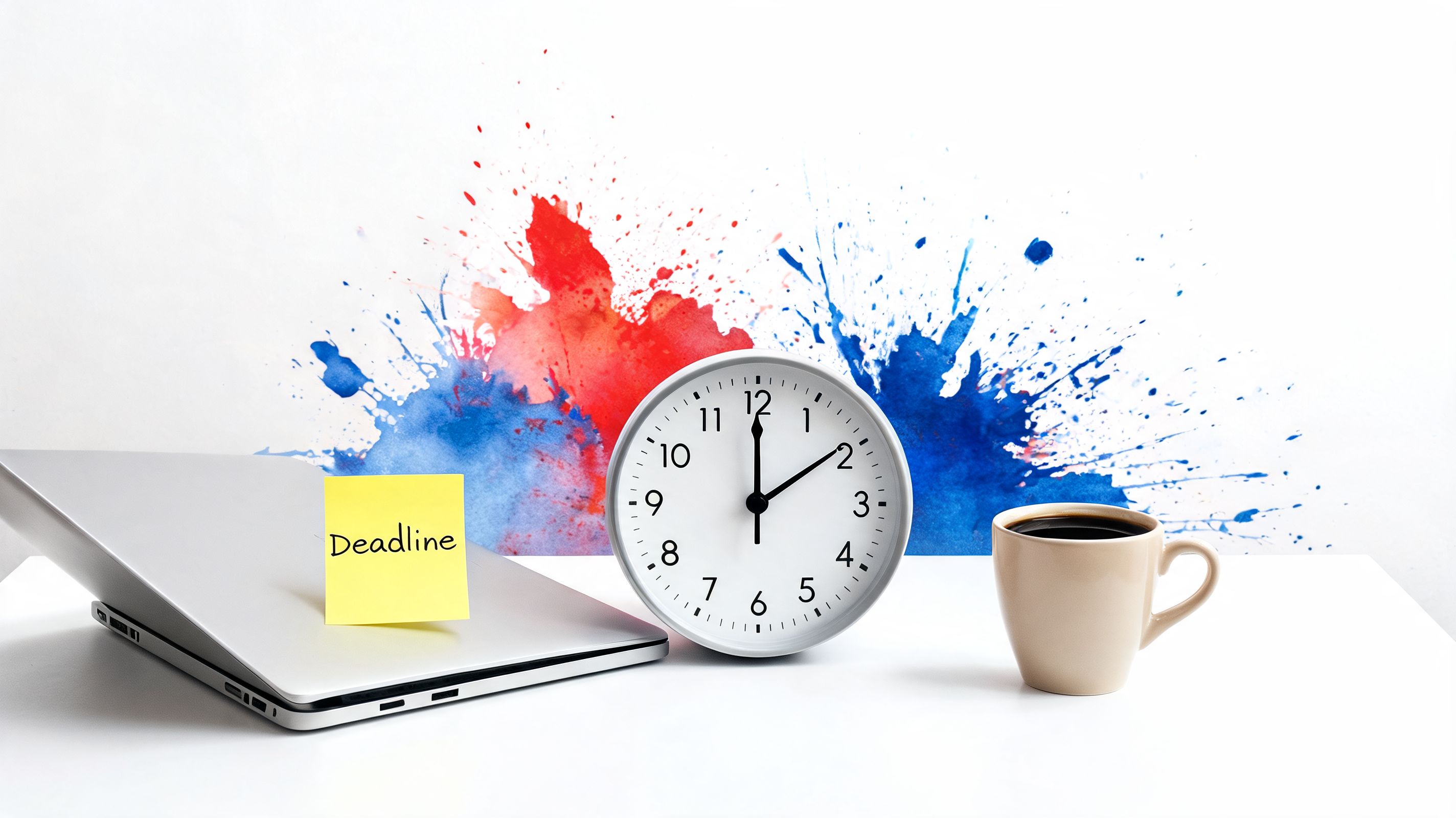 A laptop with a yellow deadline sticky note, a clock, and coffee against a colorful splash background.