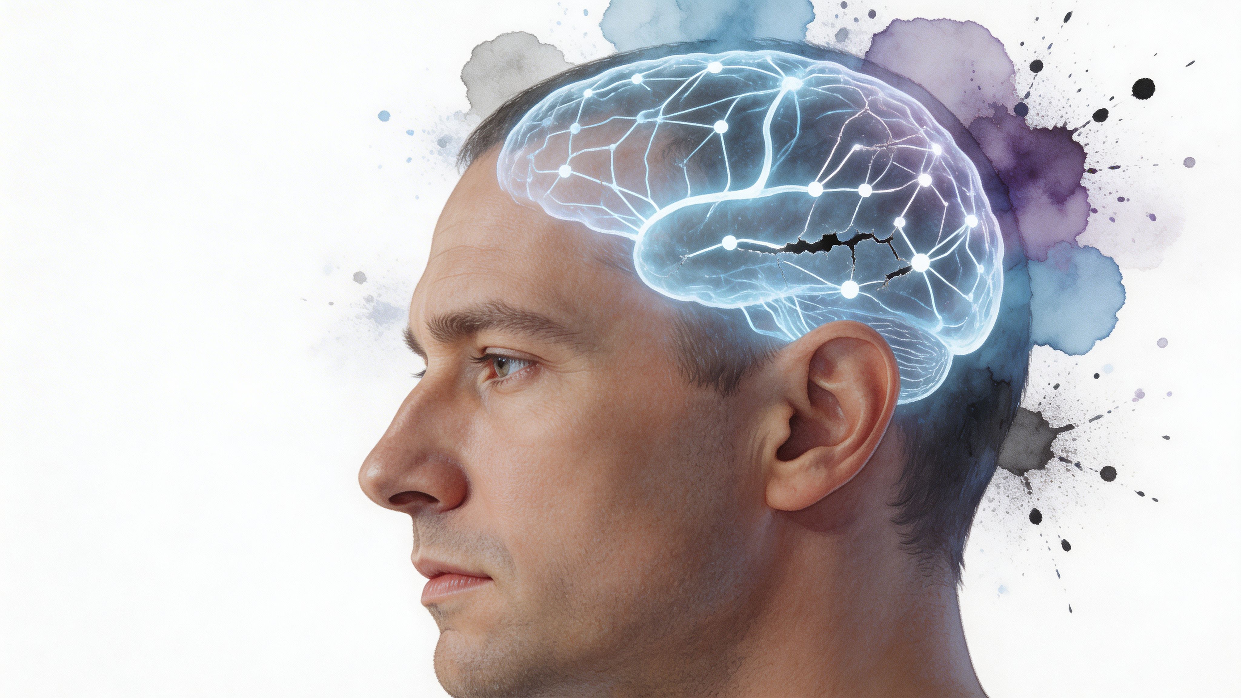 Profile view of a man with an illuminated digital brain graphic and abstract watercolor paint splashes.